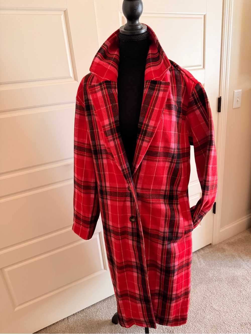 Old Navy Red Plaid Long Coat